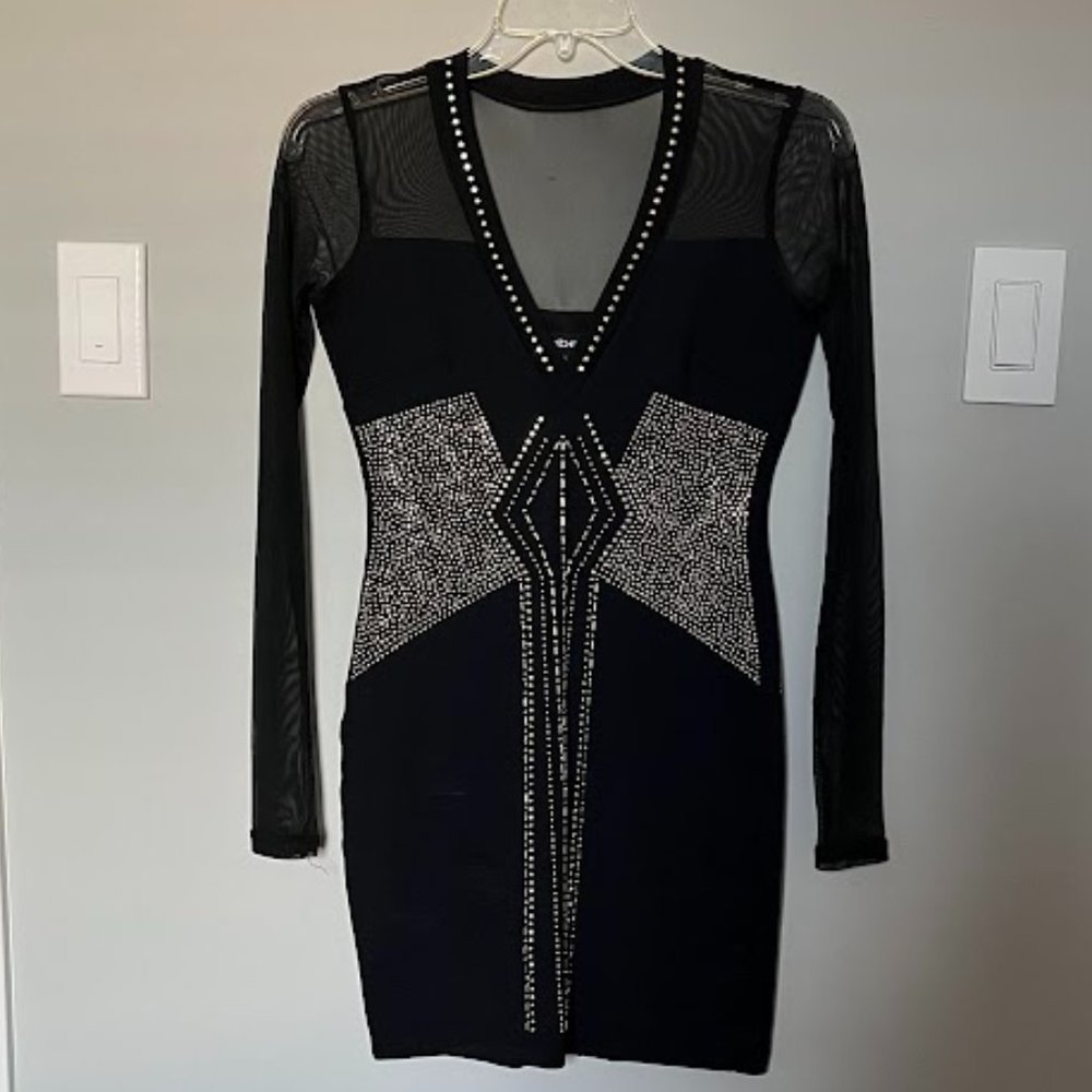 Y2K Bebe Beaded Bodycon Dress with Mesh Sleeves in Black Size XS